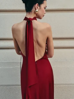 Open Back Satin Halter Dress Casual Dresses|Cocktail & Party Dresses