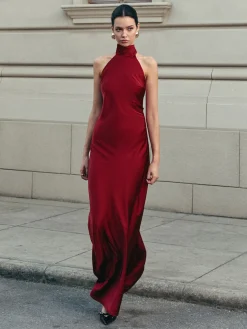 Open Back Satin Halter Dress Casual Dresses|Cocktail & Party Dresses