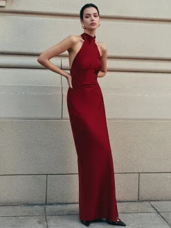 Open Back Satin Halter Dress Casual Dresses|Cocktail & Party Dresses