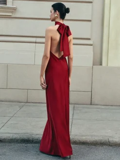 Open Back Satin Halter Dress Casual Dresses|Cocktail & Party Dresses