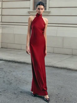 Open Back Satin Halter Dress Casual Dresses|Cocktail & Party Dresses