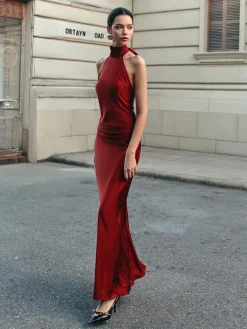 Open Back Satin Halter Dress Casual Dresses|Cocktail & Party Dresses