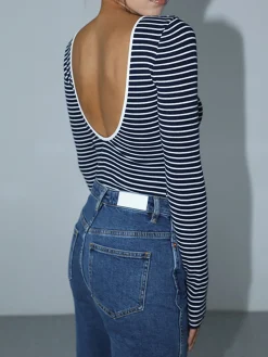 Discount Open Back Stripe Long Sleeve Bodysuit Sweater Tops|Bodysuits