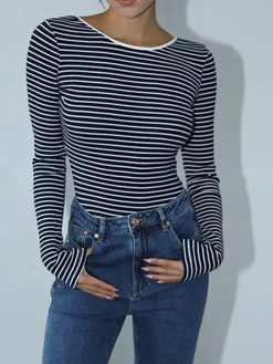 Discount Open Back Stripe Long Sleeve Bodysuit Sweater Tops|Bodysuits
