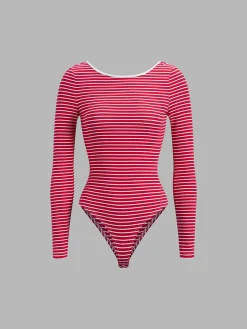 Discount Open Back Stripe Long Sleeve Bodysuit Sweater Tops|Bodysuits
