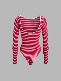 Discount Open Back Stripe Long Sleeve Bodysuit Sweater Tops|Bodysuits