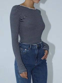 Discount Open Back Stripe Long Sleeve Bodysuit Sweater Tops|Bodysuits