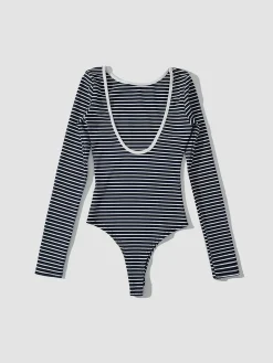 Discount Open Back Stripe Long Sleeve Bodysuit Sweater Tops|Bodysuits