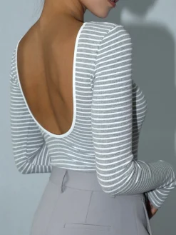 Discount Open Back Stripe Long Sleeve Bodysuit Sweater Tops|Bodysuits
