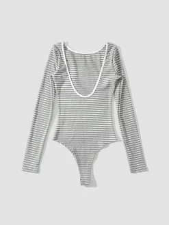 Discount Open Back Stripe Long Sleeve Bodysuit Sweater Tops|Bodysuits
