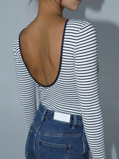 Discount Open Back Stripe Long Sleeve Bodysuit Sweater Tops|Bodysuits
