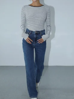 Discount Open Back Stripe Long Sleeve Bodysuit Sweater Tops|Bodysuits