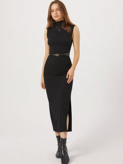 Discount Opening Night Slit Mock Neck Long Dress Black Dresses|Sweater Dresses