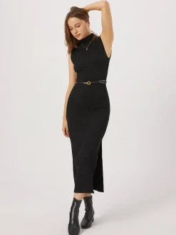Discount Opening Night Slit Mock Neck Long Dress Black Dresses|Sweater Dresses