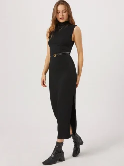 Discount Opening Night Slit Mock Neck Long Dress Black Dresses|Sweater Dresses