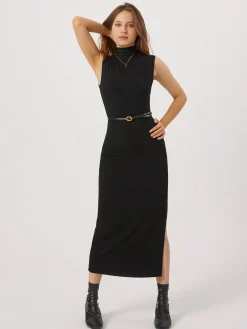 Discount Opening Night Slit Mock Neck Long Dress Black Dresses|Sweater Dresses