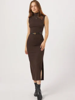 Discount Opening Night Slit Mock Neck Long Dress Black Dresses|Sweater Dresses