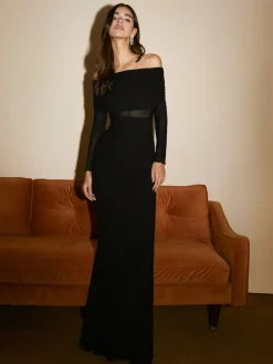 Clearance Overfold Off-Shoulder Mesh Long Sleeve Long Dress Black Dresses|Sweater Dresses
