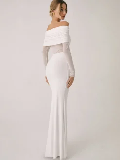 Clearance Overfold Off-Shoulder Mesh Long Sleeve Long Dress Black Dresses|Sweater Dresses