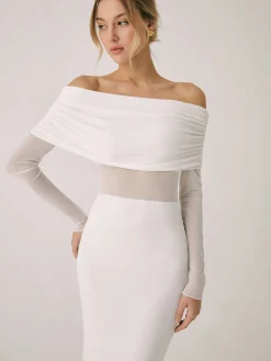 Clearance Overfold Off-Shoulder Mesh Long Sleeve Long Dress Black Dresses|Sweater Dresses