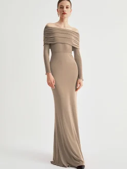 Clearance Overfold Off-Shoulder Mesh Long Sleeve Long Dress Black Dresses|Sweater Dresses