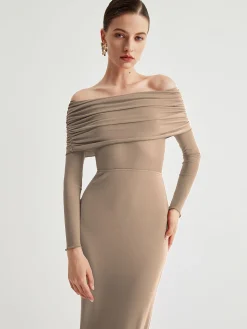 Clearance Overfold Off-Shoulder Mesh Long Sleeve Long Dress Black Dresses|Sweater Dresses