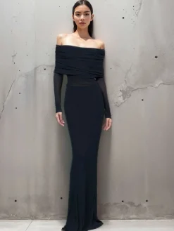 Clearance Overfold Off-Shoulder Mesh Long Sleeve Long Dress Black Dresses|Sweater Dresses