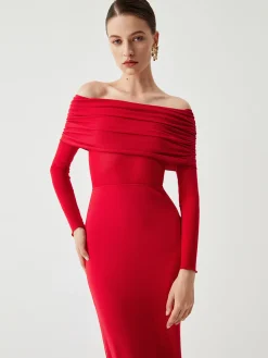 Clearance Overfold Off-Shoulder Mesh Long Sleeve Long Dress Black Dresses|Sweater Dresses