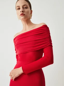 Clearance Overfold Off-Shoulder Mesh Long Sleeve Long Dress Black Dresses|Sweater Dresses