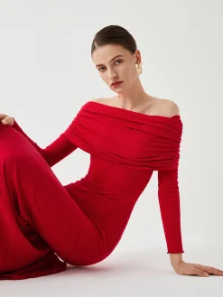 Clearance Overfold Off-Shoulder Mesh Long Sleeve Long Dress Black Dresses|Sweater Dresses