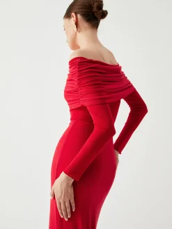 Clearance Overfold Off-Shoulder Mesh Long Sleeve Long Dress Black Dresses|Sweater Dresses