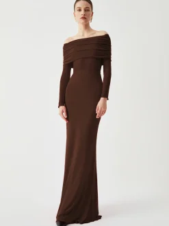 Clearance Overfold Off-Shoulder Mesh Long Sleeve Long Dress Black Dresses|Sweater Dresses
