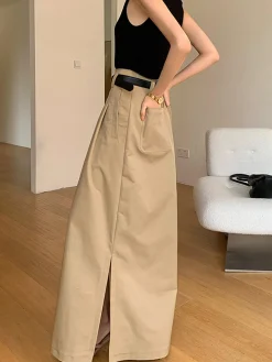 Sale Oversized Cotton Split Maxi Skirt Without Belt Skirts|Bottoms