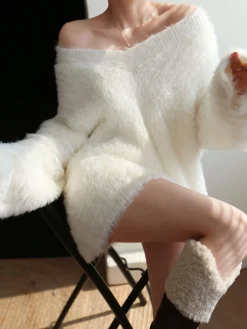 Discount Oversized Fuzzy V-neck Sweater Sweater Tops|Sweaters & Cardigans