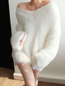 Discount Oversized Fuzzy V-neck Sweater Sweater Tops|Sweaters & Cardigans