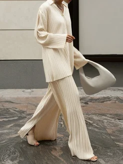 Outlet Oversized Leisure Pleat Pockets Two Piece Pants Set Pants Sets|Long Sleeve Sets