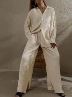Outlet Oversized Leisure Pleat Pockets Two Piece Pants Set Pants Sets|Long Sleeve Sets