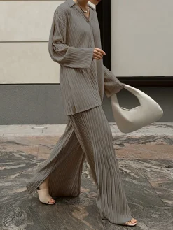 Outlet Oversized Leisure Pleat Pockets Two Piece Pants Set Pants Sets|Long Sleeve Sets