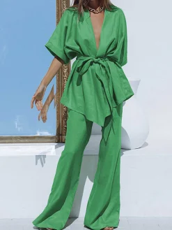 Discount Oversized Linen Tied Two Piece Pants Set Pants Sets|Long Sleeve Sets