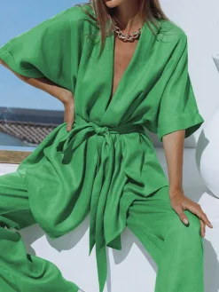 Discount Oversized Linen Tied Two Piece Pants Set Pants Sets|Long Sleeve Sets