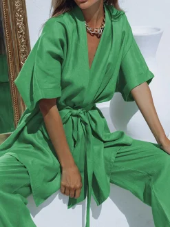 Discount Oversized Linen Tied Two Piece Pants Set Pants Sets|Long Sleeve Sets