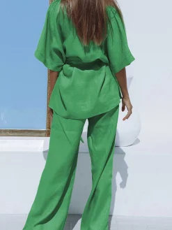 Discount Oversized Linen Tied Two Piece Pants Set Pants Sets|Long Sleeve Sets
