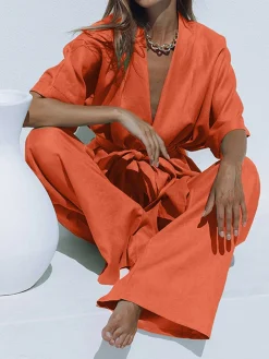 Discount Oversized Linen Tied Two Piece Pants Set Pants Sets|Long Sleeve Sets