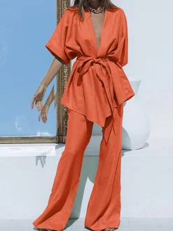 Discount Oversized Linen Tied Two Piece Pants Set Pants Sets|Long Sleeve Sets