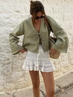 Best Oversized Long Tie-Front Sleeve Blouse Blouses & Shirts