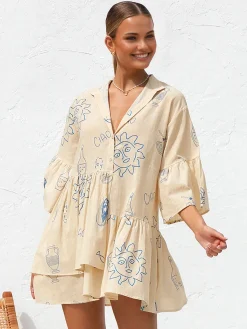 Discount Oversized Sun Print Short Dress Casual Dresses|Vacation Dresses