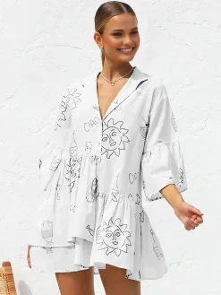 Discount Oversized Sun Print Short Dress Casual Dresses|Vacation Dresses