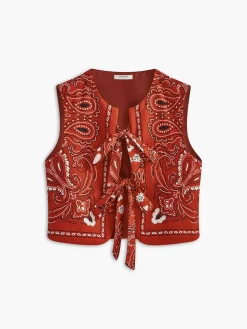 Sale Paisley Printed Tie Front Vest Outerwear|Vests