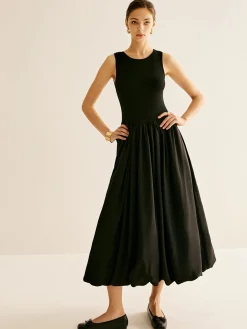 Online Panel Pleated Jersey Tank Dress Black Dresses|Casual Dresses