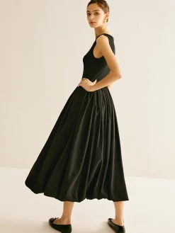 Online Panel Pleated Jersey Tank Dress Black Dresses|Casual Dresses